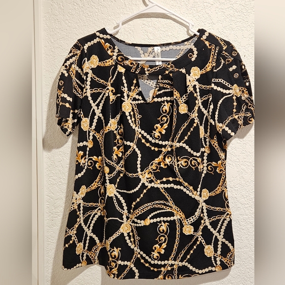 PerSeption Concept Black and Gold Chain Print Blouse Size Small - Picture 1 of 4